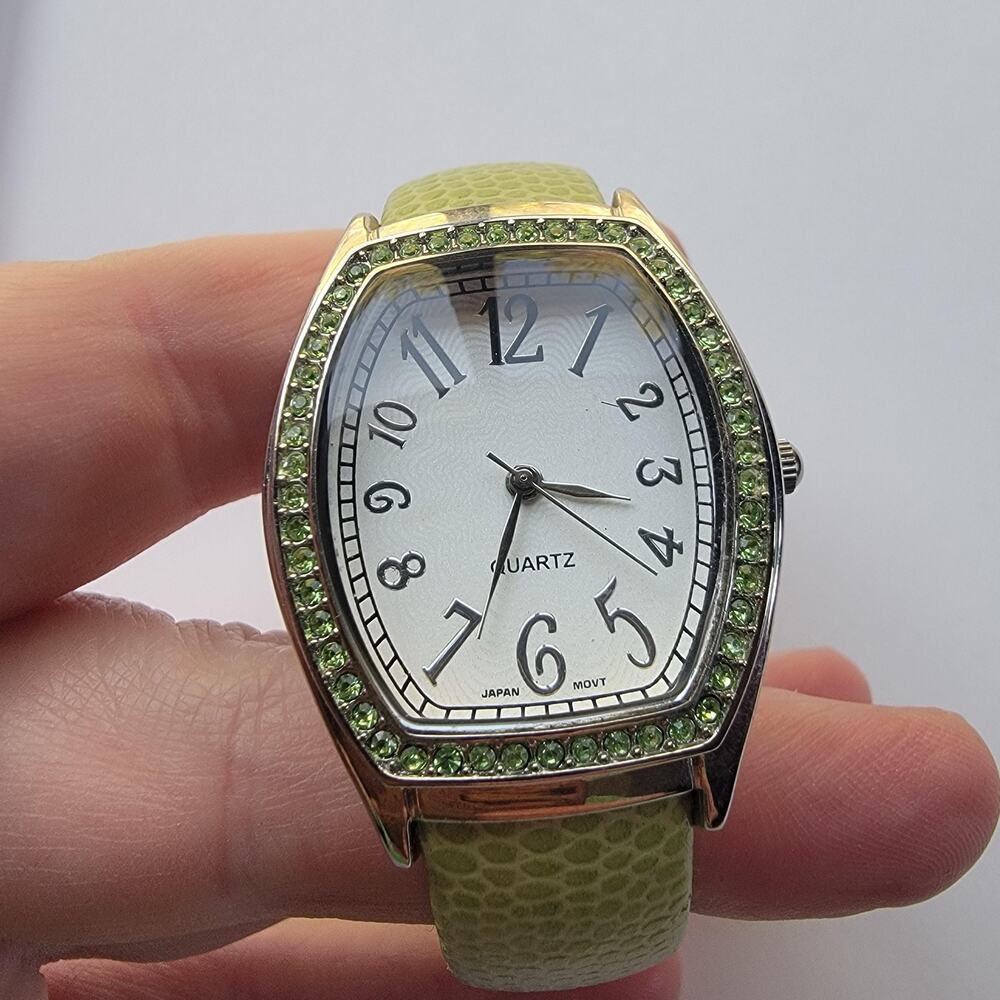 Womens Watch White Dial Green Crystal Bezel Green Faux Leather Quartz Japan Movt